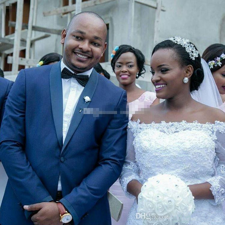 Modest African Mermaid Wedding Dresses Ruffles Chapel Train Off Shoulder Bridal Dress Vintage 3/4 Long Sleeves Wedding Gowns Plus Size