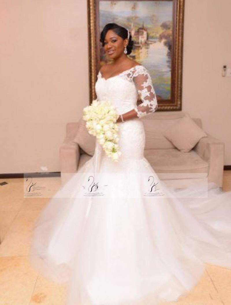 Elegant African Mermaid Lace 3/4 Long Sleeve Court Train Plus Size Bridal Gown For Black Women Country Wedding Dresses Cheap 0521