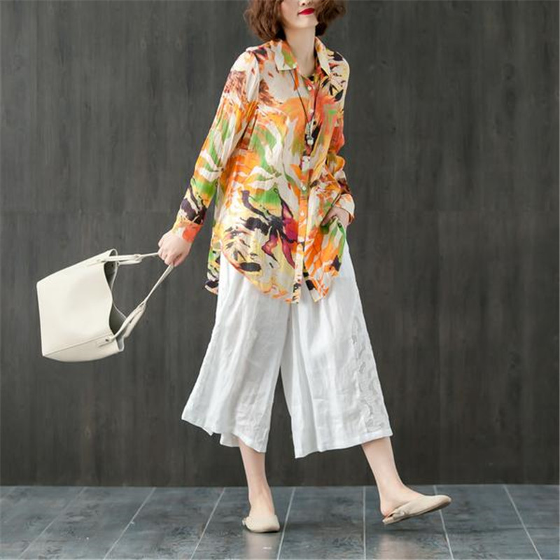 BUYKUD 2018 Summer Printed Collar Single Breasted Blouse Women Long Sleeve Casual Loose Zipper Female Irregular Shirt&Tops