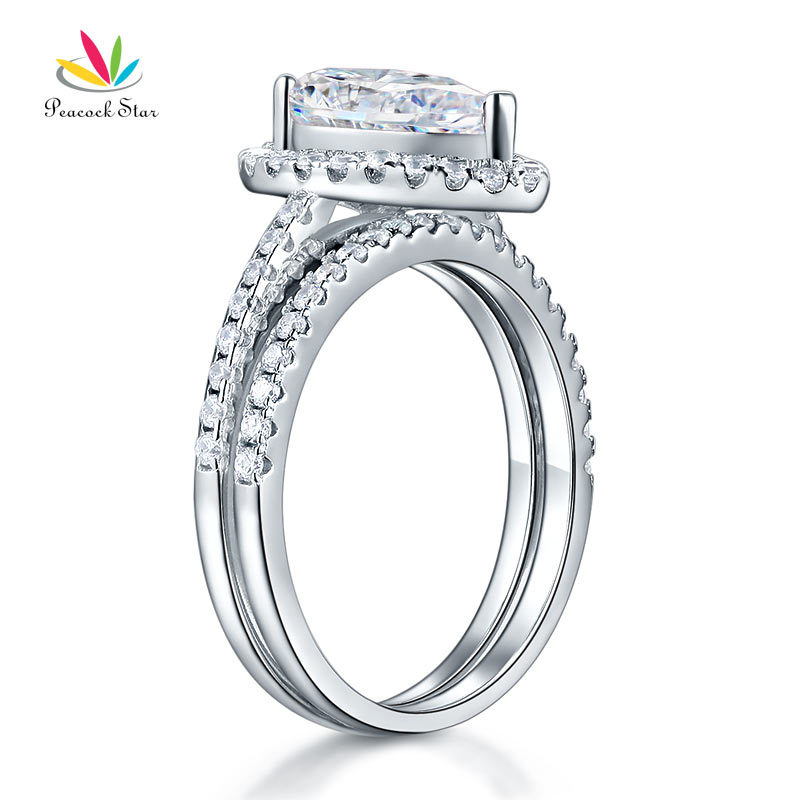 Peacock Star Solid Sterling 925 Silver Bridal Wedding Promise Engagement Ring Set 2 Ct Pear Jewelry CFR8224 D18111306