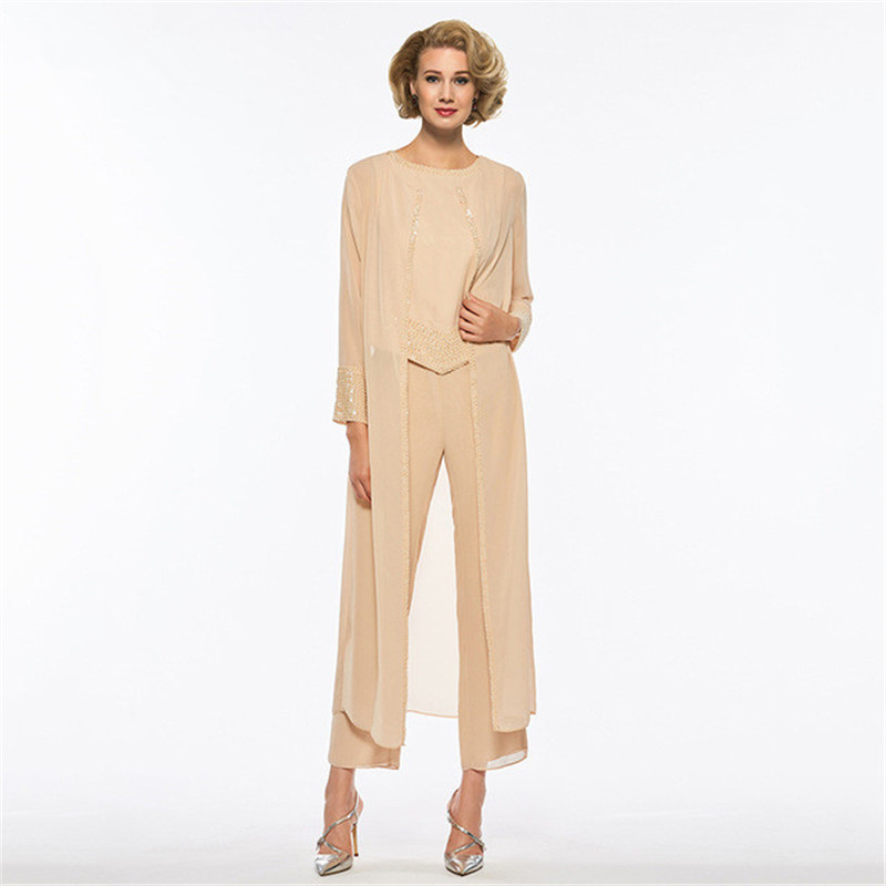 Elegant Two Pieces Mother Of The Bride Dress Pants Suit Sheath Long Sleeves Champagne Chiffon Wedding Party Mother Of The Bride Dress