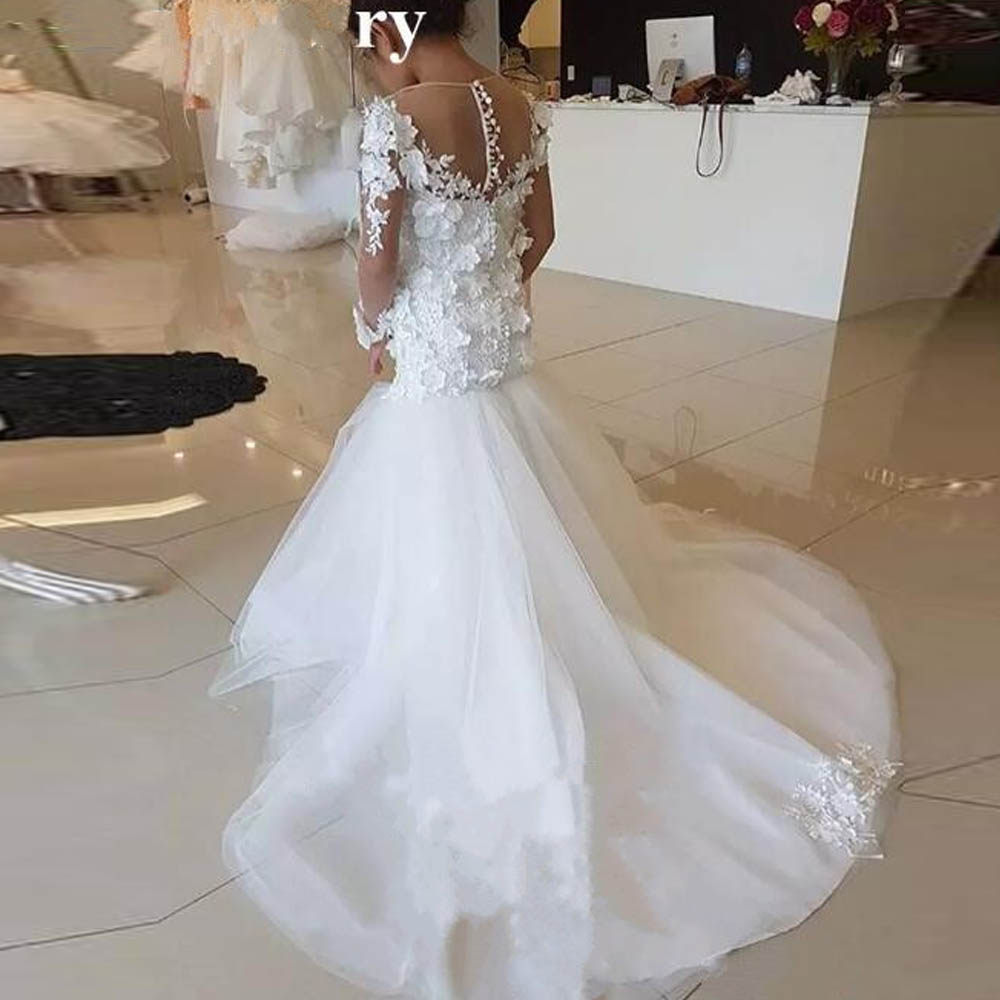 New White Mermaid Girl Dresses for Wedding Jewel Neck Long Sleeve 3D Flower Kids Pageant Gown Sweep Train Toddler Prom Wear 0516