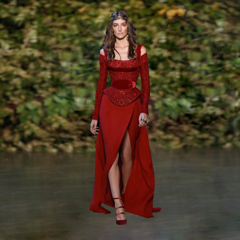 Elie Saab 2018 Red Prom Dresses Beads Long Sleeve Side Split Formal Evening Gowns A Line Sequins Party Dress