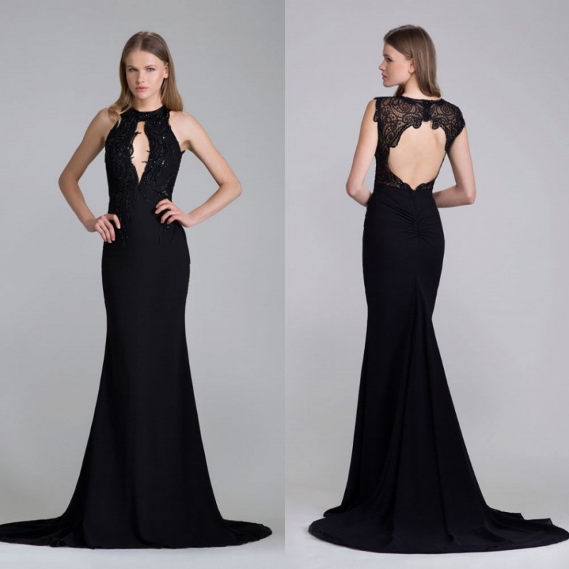 Sexy Hollow Back Mermaid Prom Dresses Halter Necke Chest Exposed Black Formal Dress Evening Chiffon Beaded Guest Gowns 6660305