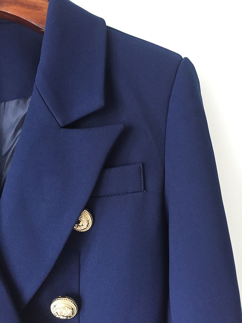 Hot Personality New Top Quality Original Design Women's Double-Breasted Blue Slim Jacket Metal Buckles Blazer Navy Blending Outwear