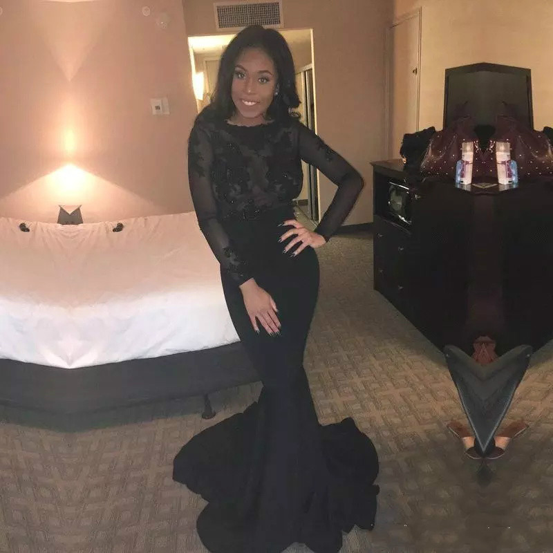 Sexy South African Black Prom Dresses Lace Applique Beaded Tulle Illusion Long Sleeve Mermaid Evening Gowns Sweep Train Satin Formal Dress