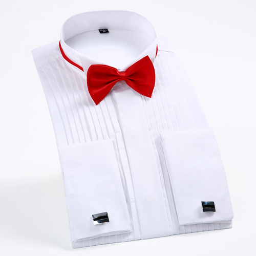 Men's Long Sleeve Wing Collar Tuxedo Dress With Tie Black, White, Pink - French Cuffs, 25% Cotton 75% Polyester, Formal Wedding Groom Shirt B4