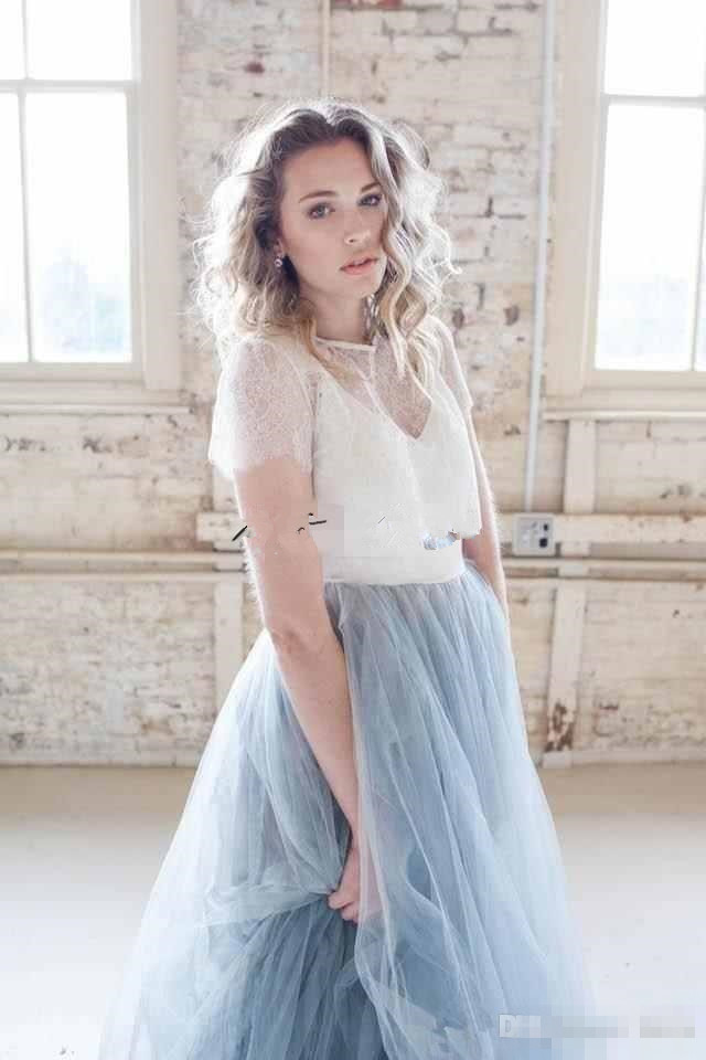 2018 New Boho Beach Dresses Short Sleeves Chapel Train Lace Top Bohomian Country Cheap Bridal Wedding Gown