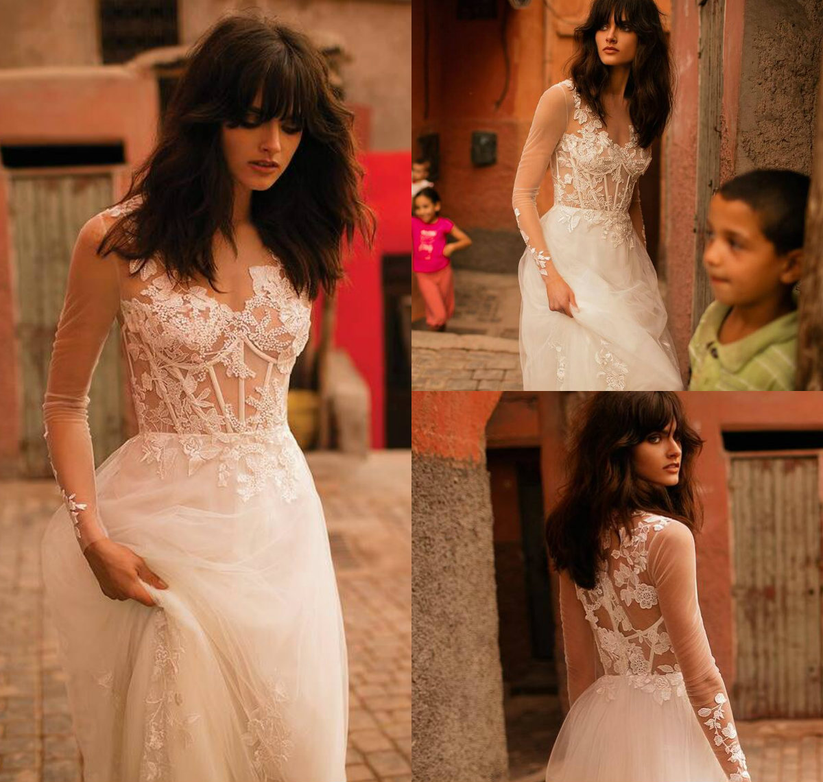 Liz Martinez A Line Beach Wedding Dresses Illusion Appliqued Beaded Long Sleeve Boho Bridal Dress Sheer Jewel Neck Bohemian Wedding Gowns