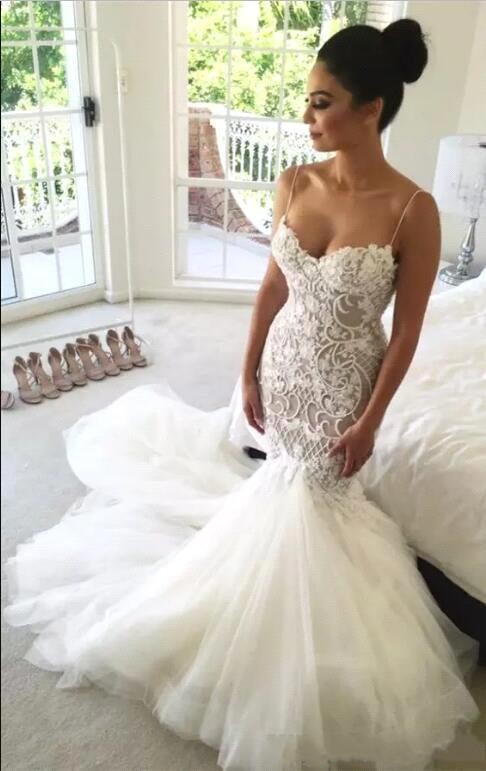 Mermaid Dresses Sexy Spaghetti Straps Tiered Tulle Lace Appliques Court Train Wedding Gowns Bridal Dress