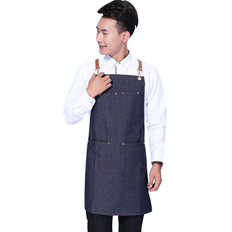 New Denim Cowboy Apron BBQ Senior Jeans baking Bib Leather Straps Kitchen apron for Women Men cooking Waitress Custom Print