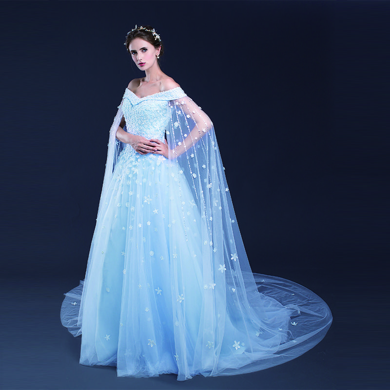 Light Sky Blue A Line Wedding Dresses Flower Lace Applique Lace Up Tull Off The Shoulder Bridal Dresses Wedding Gowns Custom Made HY4154