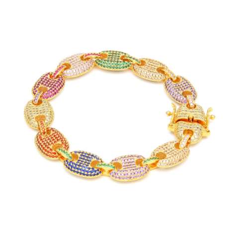 Mens Iced Out Hip Hop Silver Gold-Tone CZ Paved Puffed Marine Link Chain Bracelet 13mm 8inch Multicolor Cubic Zirconia