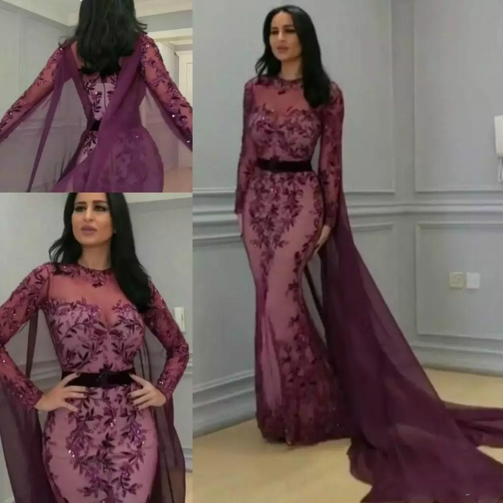 Yousef Aljasmi Evening Dresses Labourjoisie Long sleeve Cape Sequines Appliques Grape Mermaid Dubai Arabic Kaftan Prom Formal Gown Party