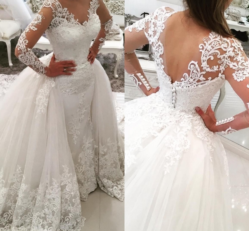 Overskirts Ball Gown Wedding Dresses Bridal Gowns Jewel Neck Long Sleeves Lace Appliques Crystal Beaded Puffy V Back Plus Size Detachable Train