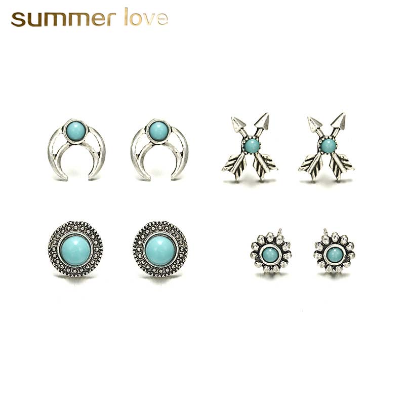Vintage silver turquoise crescent arrow statement earrings set 4pcs/set bohemian cross shape stud earring promotioal jewelry set
Vintage silver turquoise crescent arrow statement earrings set 4pcs/set bohemian cross shape stud earring promotioal jewelry set