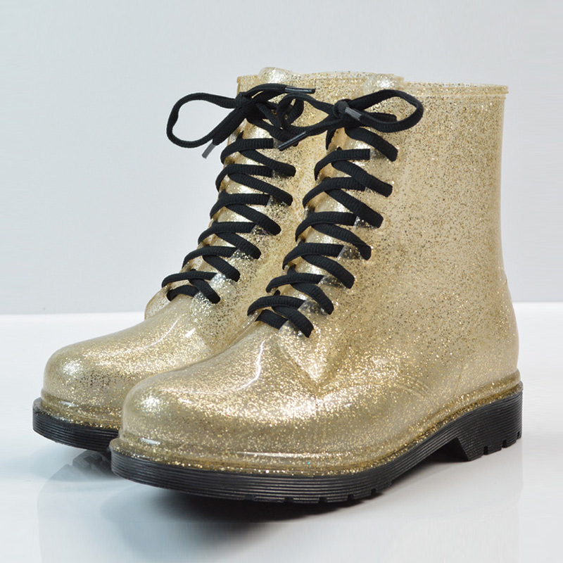 Women Transparent Bling Lace Up Ankle Rain boots Female Platform Waterproof Low Heels Ladies Fashion Glitter Shoes, Black;red