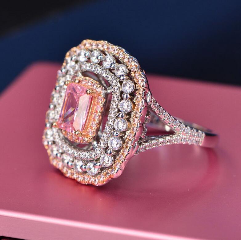 Drop Shipping Stunning Luxury Jewelry 925 Sterling Silver Princess Cut Pink Sapphire CZ Diamond Party Women Office Wedding Band Ring Gift