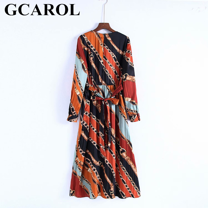 GCAROL 2019 Early Spring Launced Women Chain Floral Dress With Sashes High Waisted Pleasted Long Dress Elegant Streetwear