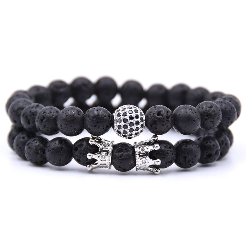 Couple black matte agate lava beads crown zircon skeleton 8 mm beaded bracelet (2 pieces)