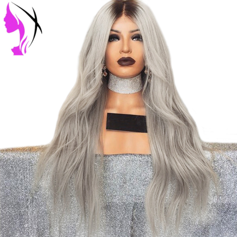 Hotselling natural Wavy Grey brazilian full Lace Front Wig With Baby Hair 30Inch Long Ombre synthetic Wigs For Black Women
