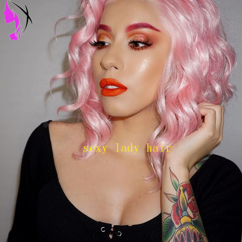 Side part Short Bob Hairstyle wig Heat Resistant natural deep wave Pink Synthetic Lace Front Wigs Soft Hair For Women natural hairline