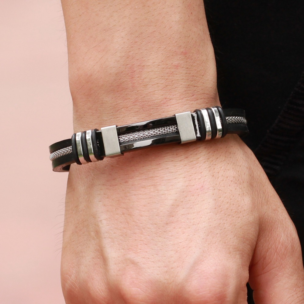 MNWT Mens Bracelets Stainless Steel Black Silicone Bracelets Charm Bracelet Male Bangle For Men Jewelry Silver Rose Gold Color