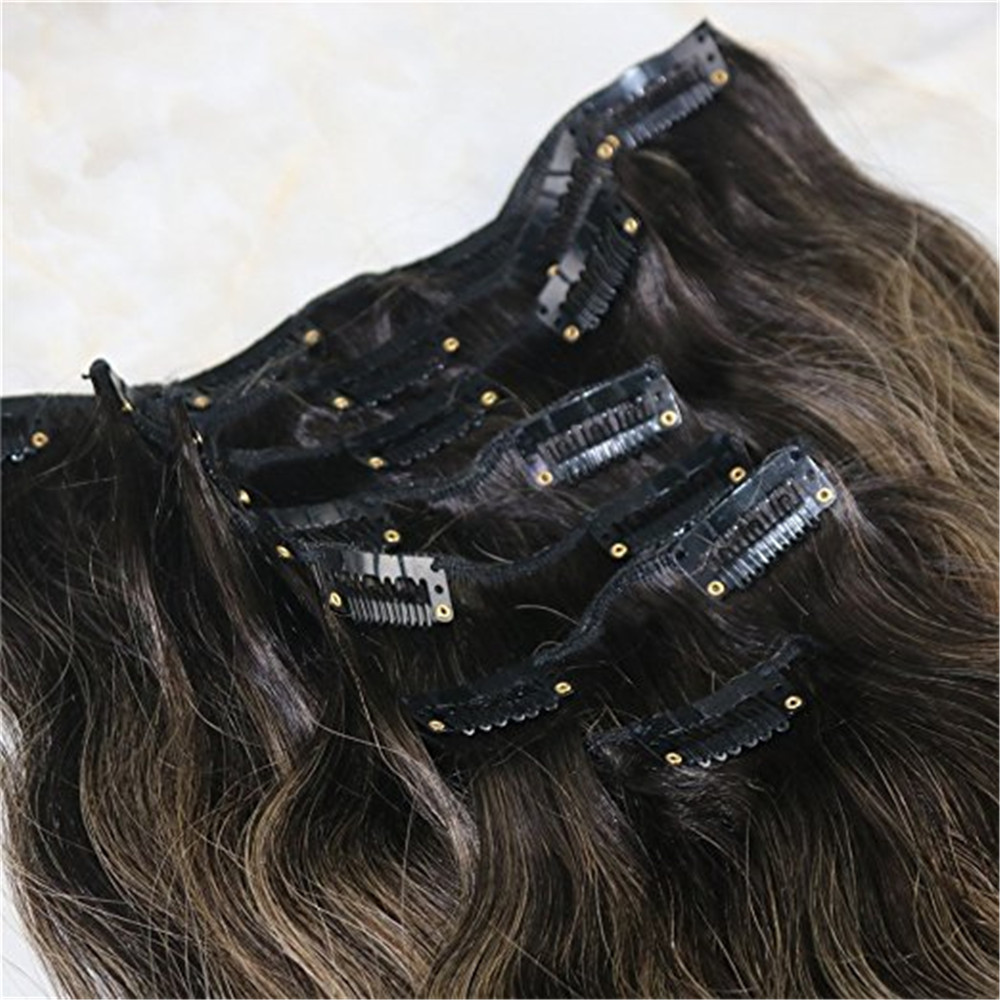 Ombre Color Remy Human Hair Bundles #1b Natural Black to #6 Medium Brown and Natural Black Clip in Human Hair Extensions 7pcs 120g