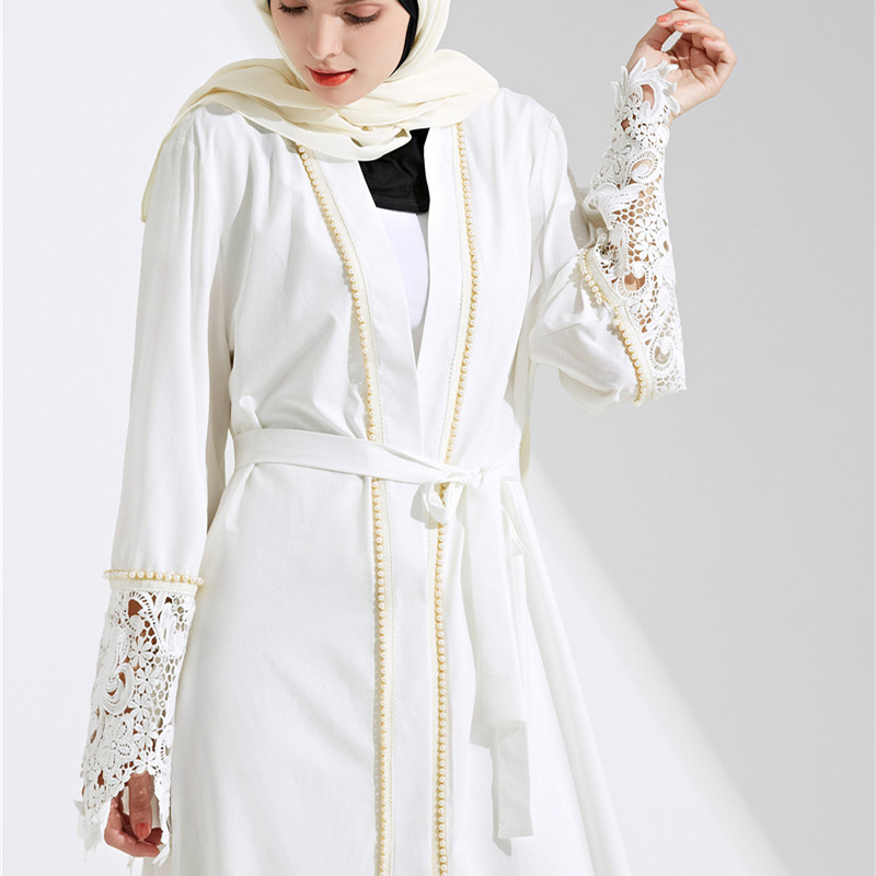 Dubai Caftan Abaya Kaftan Turkey Women Muslim Lace Pearl Dress Fashion White Robe Turkish Female Musulmane Cardigan Long dresses With Belt