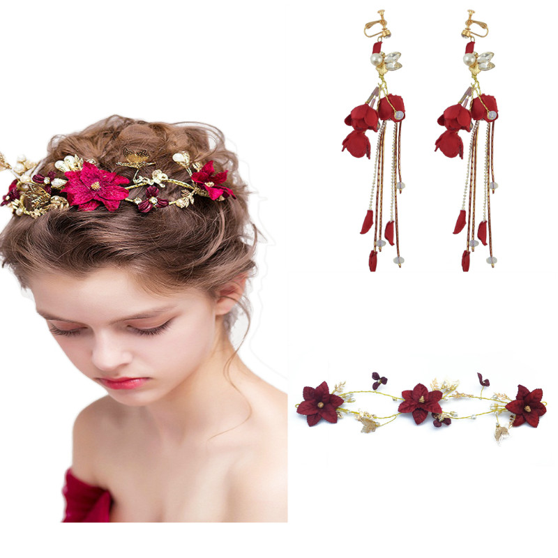 Rural Bridal Wine Red Flower Bridal Wedding jewelry Set For Women Pearl Crystal Butterfly Headband Hair piece Earrings Headdress
Rural Bridal Wine Red Flower Bridal Wedding jewelry Set For Women Pearl Crystal Butterfly Headband Hair piece Earrings Headdress