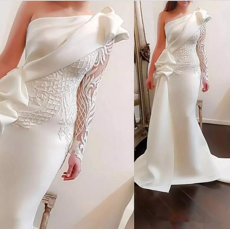 Elegant One Shoulder Mermaid Long Evening Dresses 2020 White Long Sleeve Satin Ruched Ruffles Applique Sweep Train Formal Party Prom Dresses