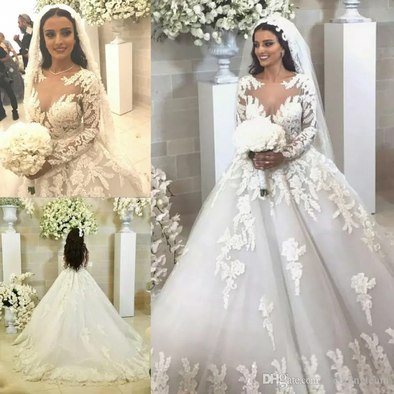 Princess Lace Ball Gown Wedding Dresses Long Sleeve Sheer Jewel Neck Lace Bridal Gowns Court Train Appliqued Plus Size Vestidos De Novia