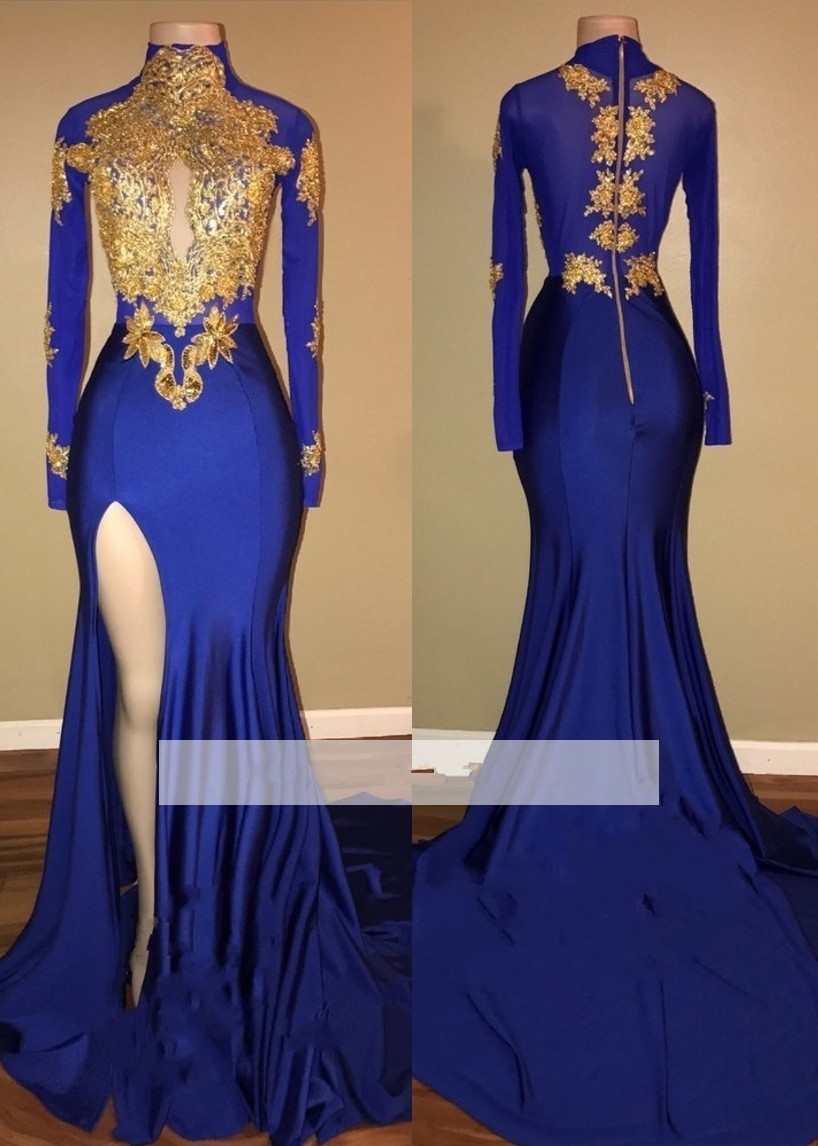 Sexy Royal Blue Gold Applique Mermaid Prom Dresses Jewel Neck Lace High Side Split Zipper Back Floor Length Formal Party Wear Evening Gowns, Daffodil
Sexy Royal Blue Gold Applique Mermaid Prom Dresses Jewel Neck Lace High Side Split Zipper Back Floor Length Formal Party Wear Evening Gowns, Daffodil