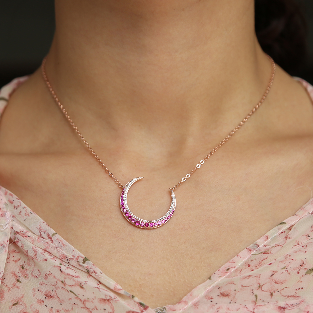 rose gold plated fashion chain red white cubic zirconia crescent moon Horn charm elegance Christmas gift CZ moon necklace