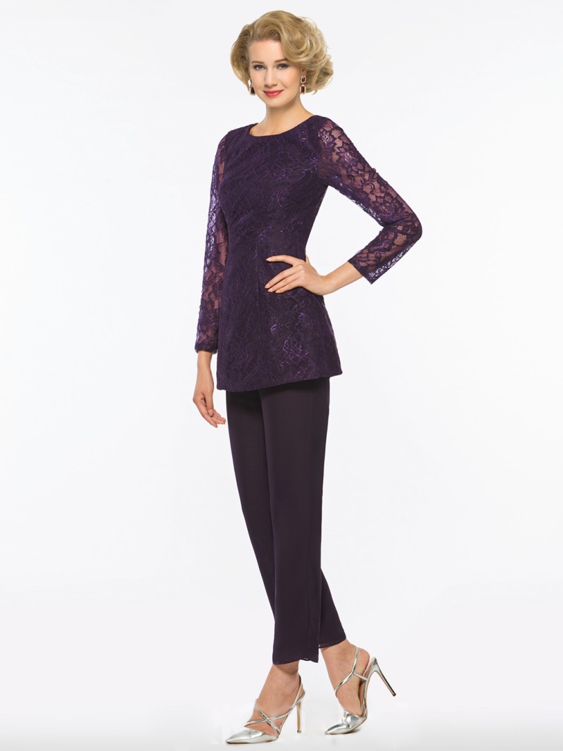 Purple Mother Of The Bride Pant Suits For Weddings Two Pieces Lace Appliqued Long Sleeve Mothers Formal Wear Outfit Cheap Garment