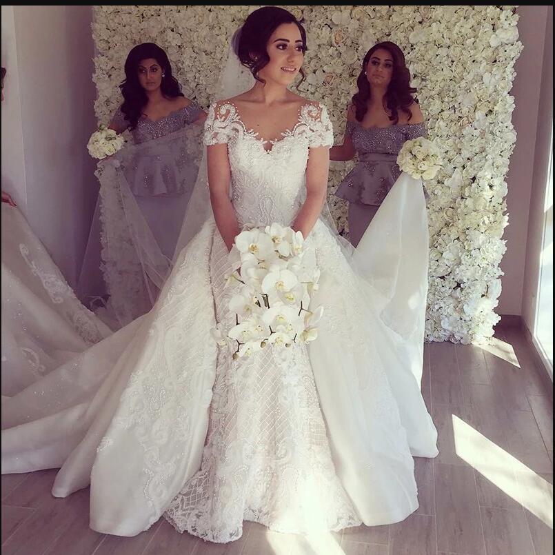 Gorgeous Mermaid Wedding Dresses Wih Detachable Skirt Short Sleeves V Neck Country Wedding Gowns vestido de novia Plus Size Bridal Dress