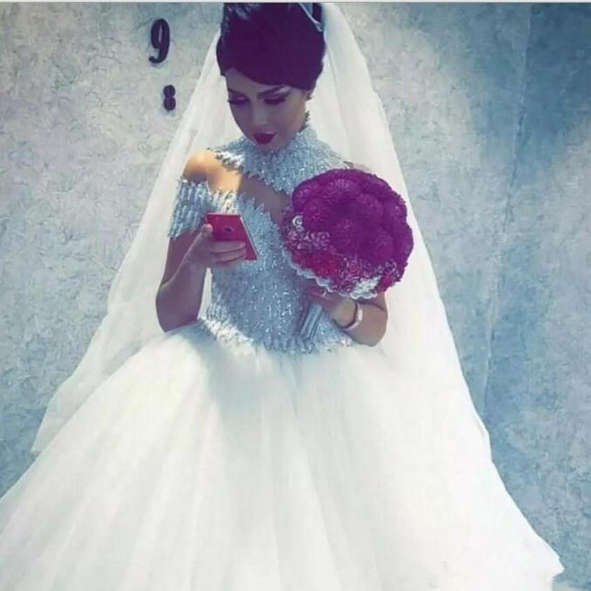 Modest High Neck Wedding Dresses Arabic Short Sleeves Lace Appliqued Beads Bridal Gowns Sweep Train Vestidos De Novia