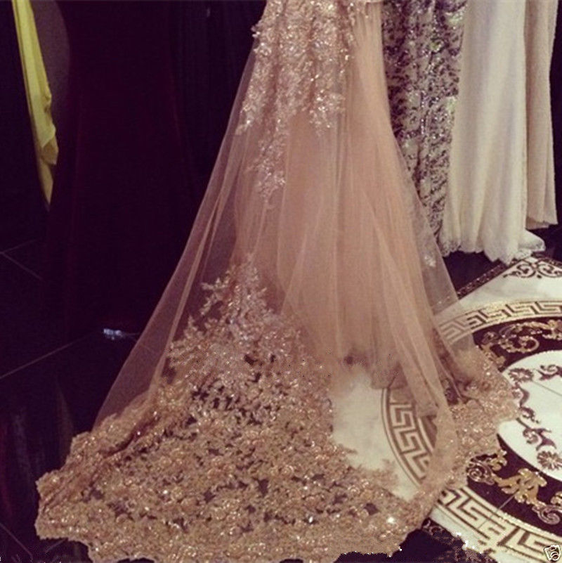 In Stock Wedding Veils Sequin Luxury Cathedral Bridal Veils Appliques Lace Edge White One Layers Custom Made Long Wedding Veil Fast Shipping