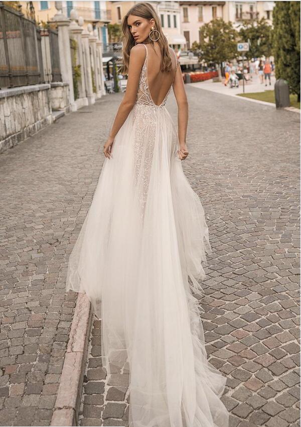Berta Dresses A e Deep V Neck Sexy Backless Sweep Train Sleeveless Beach Wedding Dress Beaded Sequins Vestido De Novia