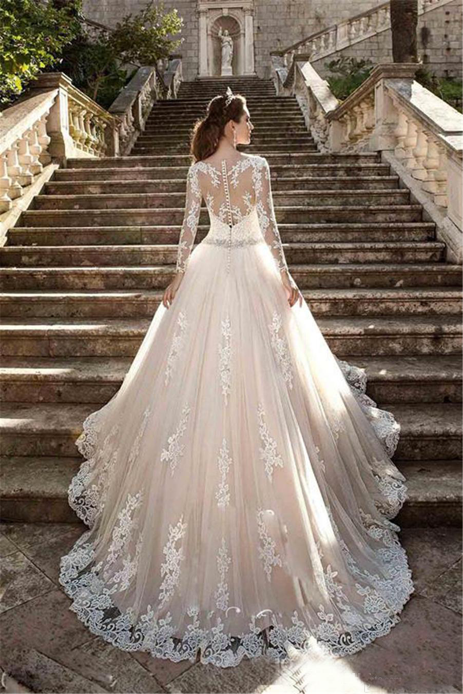 Sheer Crew Neck Illusion Cover Back Long Sleeves Appliques Lace Wedding Dresses Vestios De Novia Bead Sash Plus Size Bridal Gowns
