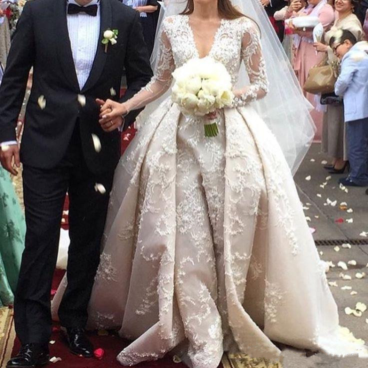 with Ball Dresses Long Sleeves Sexy Sheer V Neck Beaded Cathedral Train Bridal Gowns Lace Appliques Wedding Gown