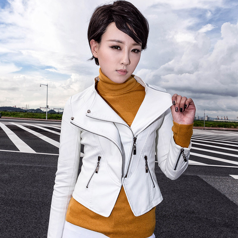 LXUNYI White Black PU leather Motorcycle jacket Women 2017 Autumn Short Slim Zipper Coat Plus Size Ladies leather jackets Faux