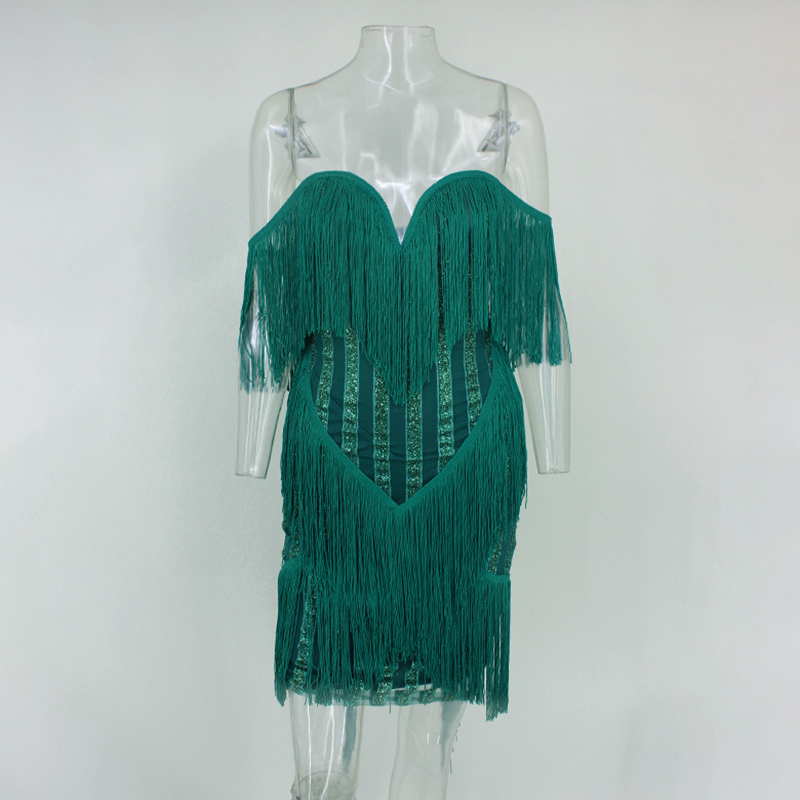 20187 Joyfunear Off Shoulder Tassel Mini Party Dress Women Wholesale Solid Celebrity Clubwear Bandage Vintage Dresses Drop Shipping