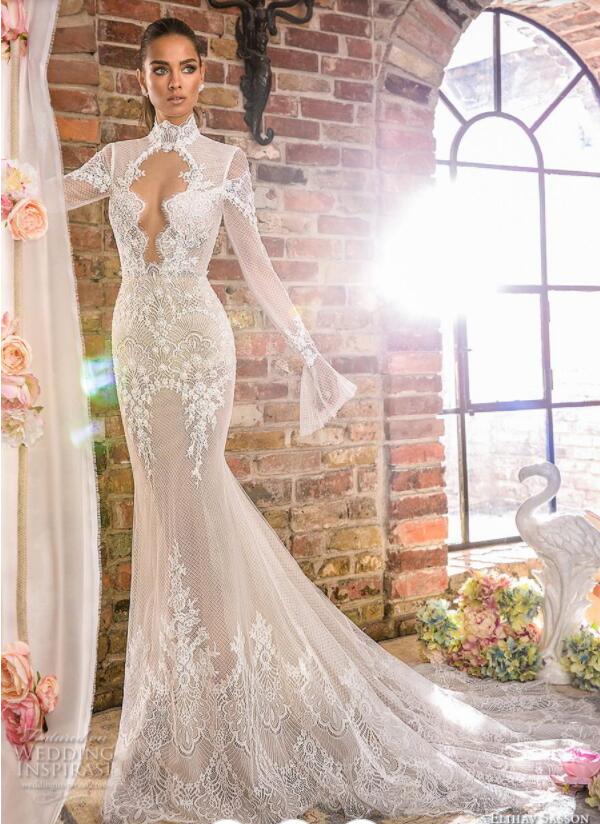 Elihav Sasson Mermaid Wedding Dresses 2019 High Neck Lace Sexy Hollow Back Illusion Long Sleeve Bridal Dress Sweep Train Plus Size Wedding