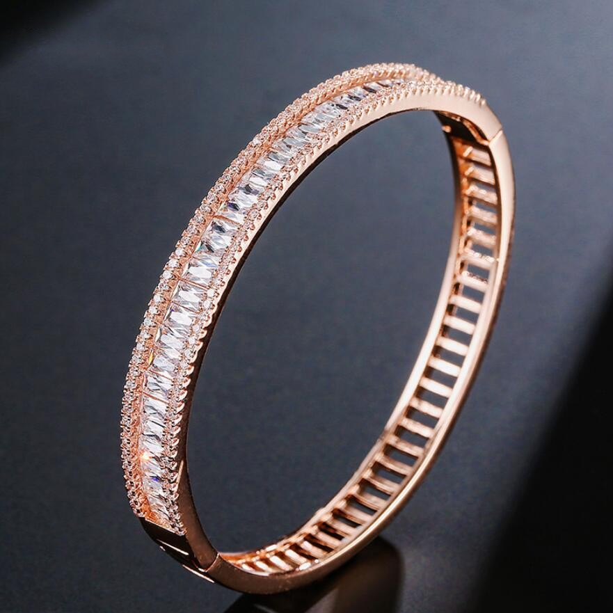 Exquisite Princess Cut Topaz CZ Dia Bracelet in White & Rose Gold Filled