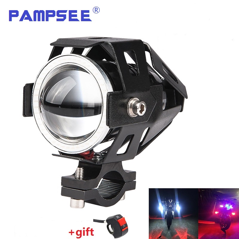 PAMPSEE 2PCS U7 Motorcycle LED Headlights 125W 3000ml Moto Auxiliary Head Lamp Lights 12V U7 LED Motobike Angel Eye Headlamp