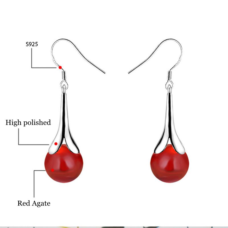 Red Agate Bead Dangle Earrings Jewelry S925 Silver Plated Vintage Tassel Drop Earring