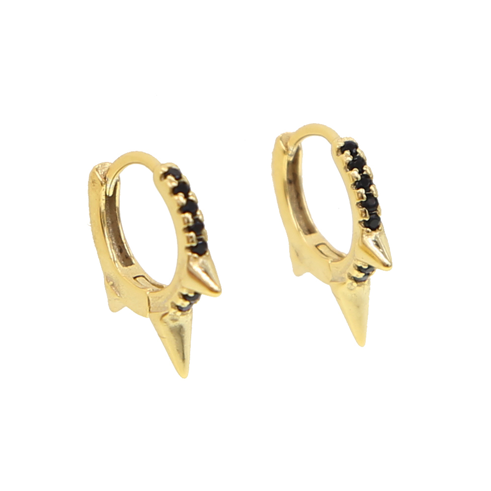 Gold plated 925 sterling silver mini hoop with three spikes paved black cz minimal small hoop earring for women