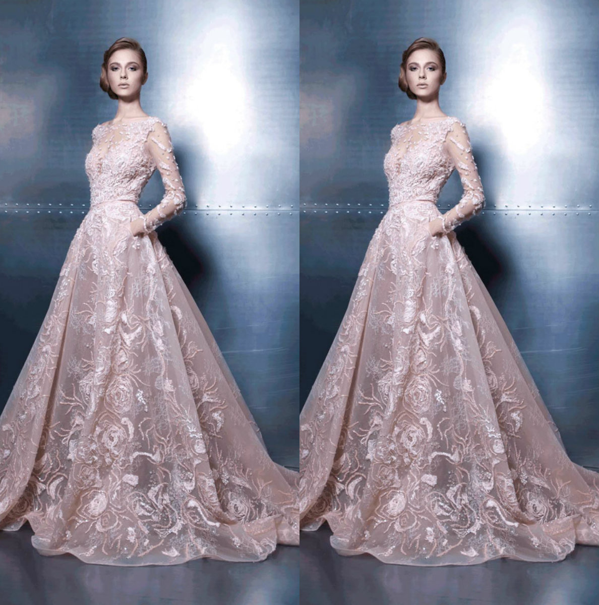 Ziad Nakad Blush Pink A Line Prom Dresses Sheer Neck Exquisite Lace Applique Formal Party Gowns Evening Dress Floor Length Custom Made