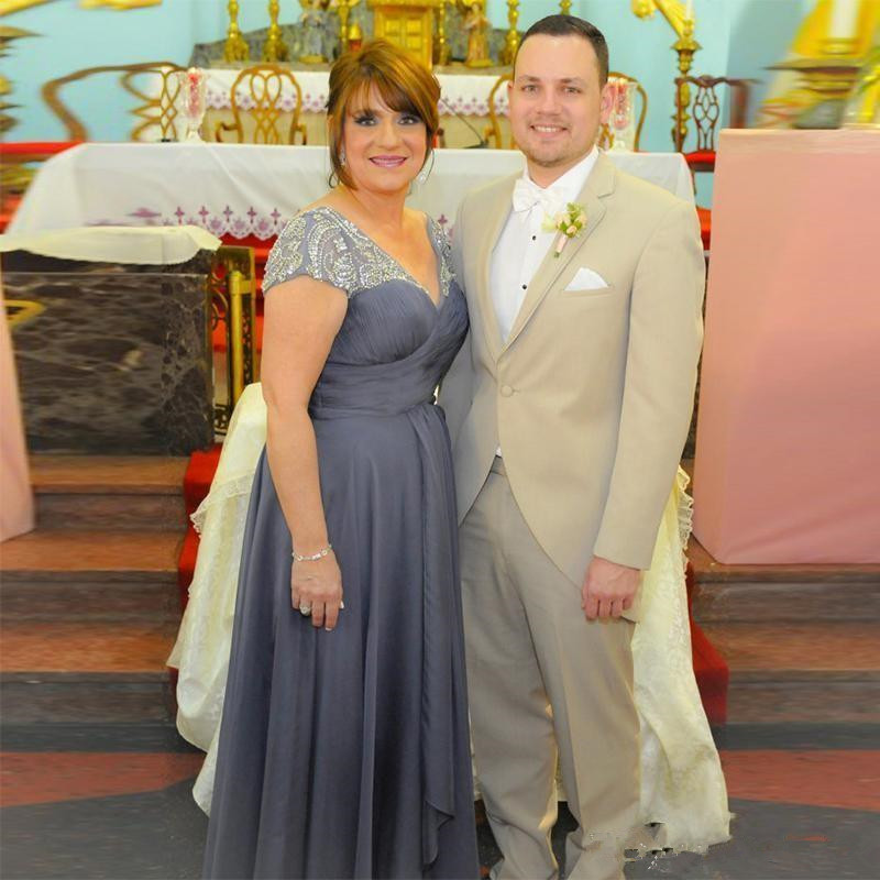 Of The Bride Dresses V Neck Short Sleeves Crystal Beaded Chiffon Long Plus Size Party Formal Wedding Guest Mother Dress 0213